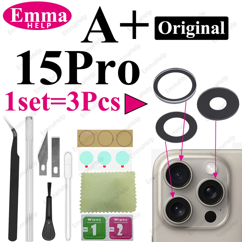 EmmaHelp 1 Set Original Saphir Rückkamera-Objektivglas für iPhone 15 14 13 12 11 Pro Max Plus Mini mit Klebstoff-Reparatur-Werkzeugset 4