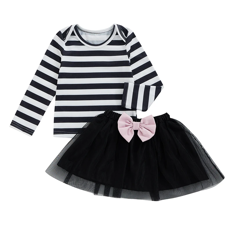 

Kids Girls Skirt Set Long Sleeve Crew Neck Striped T-shirt with Bow Mini Tulle Skirt 2-piece Outfit