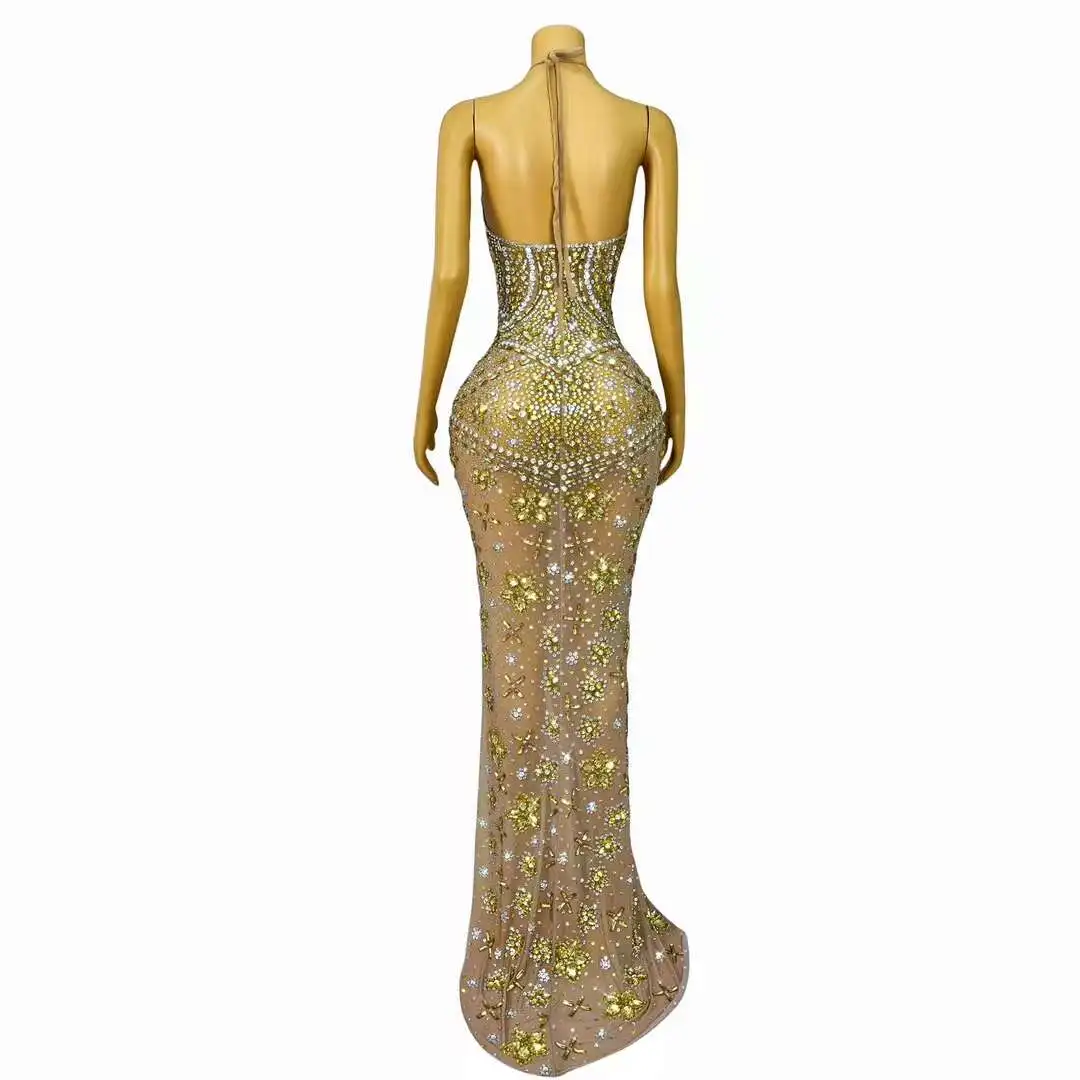 High Quality Sexy Mesh Diamond High Fork Long Dress Fashion Women Rhinestone Birthday Party Prom Wedding Guest Dress Stage Wear