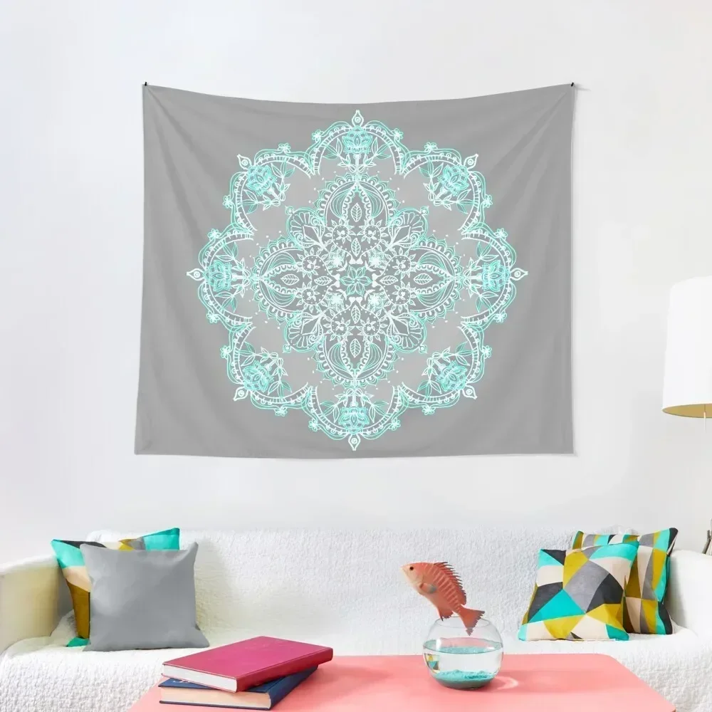 

Teal and Aqua Lace Mandala on Grey Tapestry Wall Decoration Items House Decorations Wall Decorations Tapestry