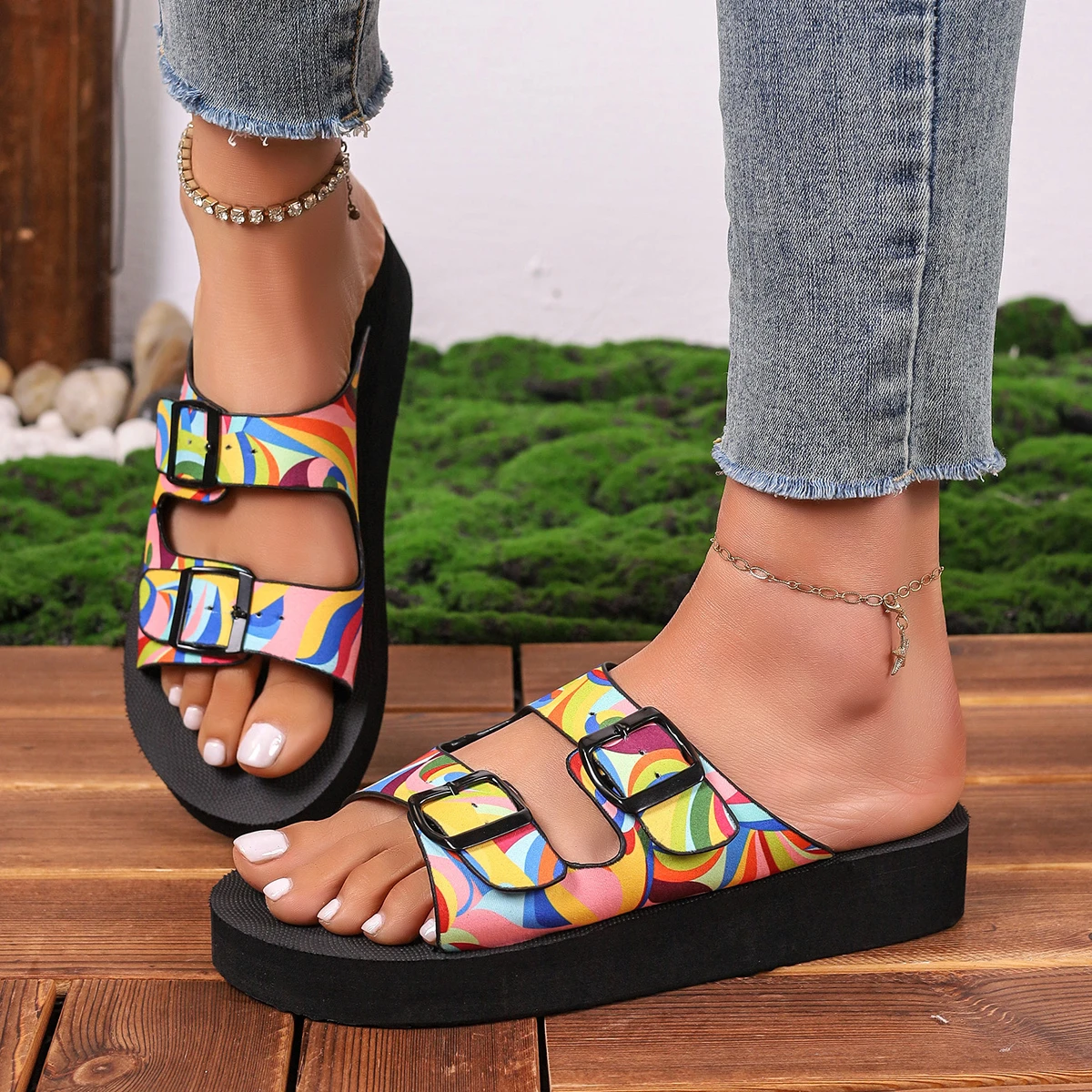 Summer Print Random Flats Women\'s Flip Flops Outdoor Beach Sandals Outdoor All-match Casual Slippers Large Size Women Sandals