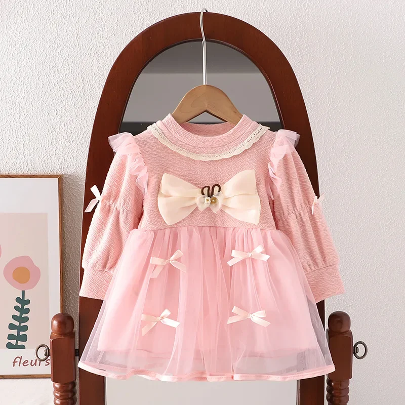 Autumn Spring Baby Girls Long Sleeve Mesh Dress Lace Bow Party Children Clothing Korean Style Toddler Kids Costume 0 To 3 Yrs