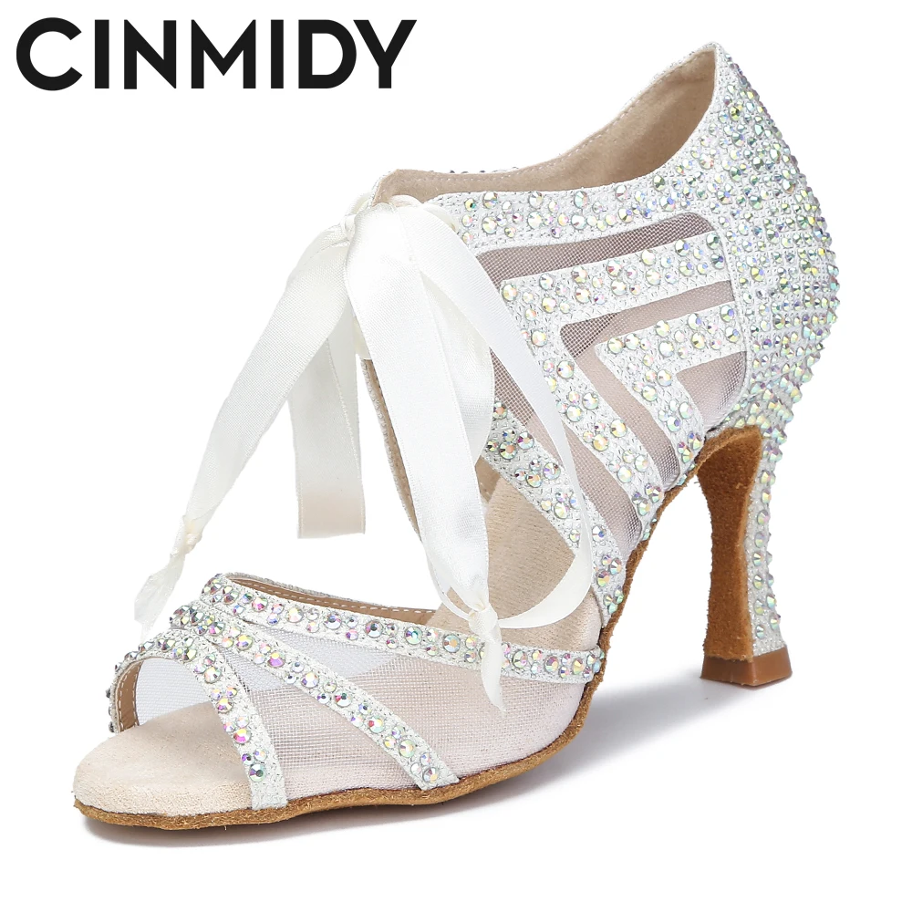 CINMIDY zapatos de baile de salón con diamantes de imitación, zapatos de Salsa Tango para bailar, tacones altos, zapatos de baile latino, sandalias de interior para mujer