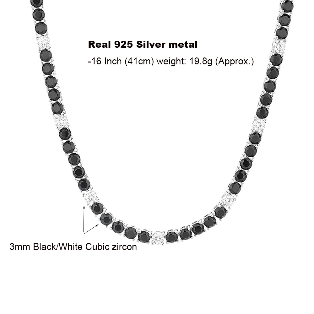 16/18 Inch (41/45 cm) Real 925 Sterling Silver Tennis Chain Necklace 3 mm wide 5pc Black Mix 1pc White Cubic Zircon Fine Jewelry