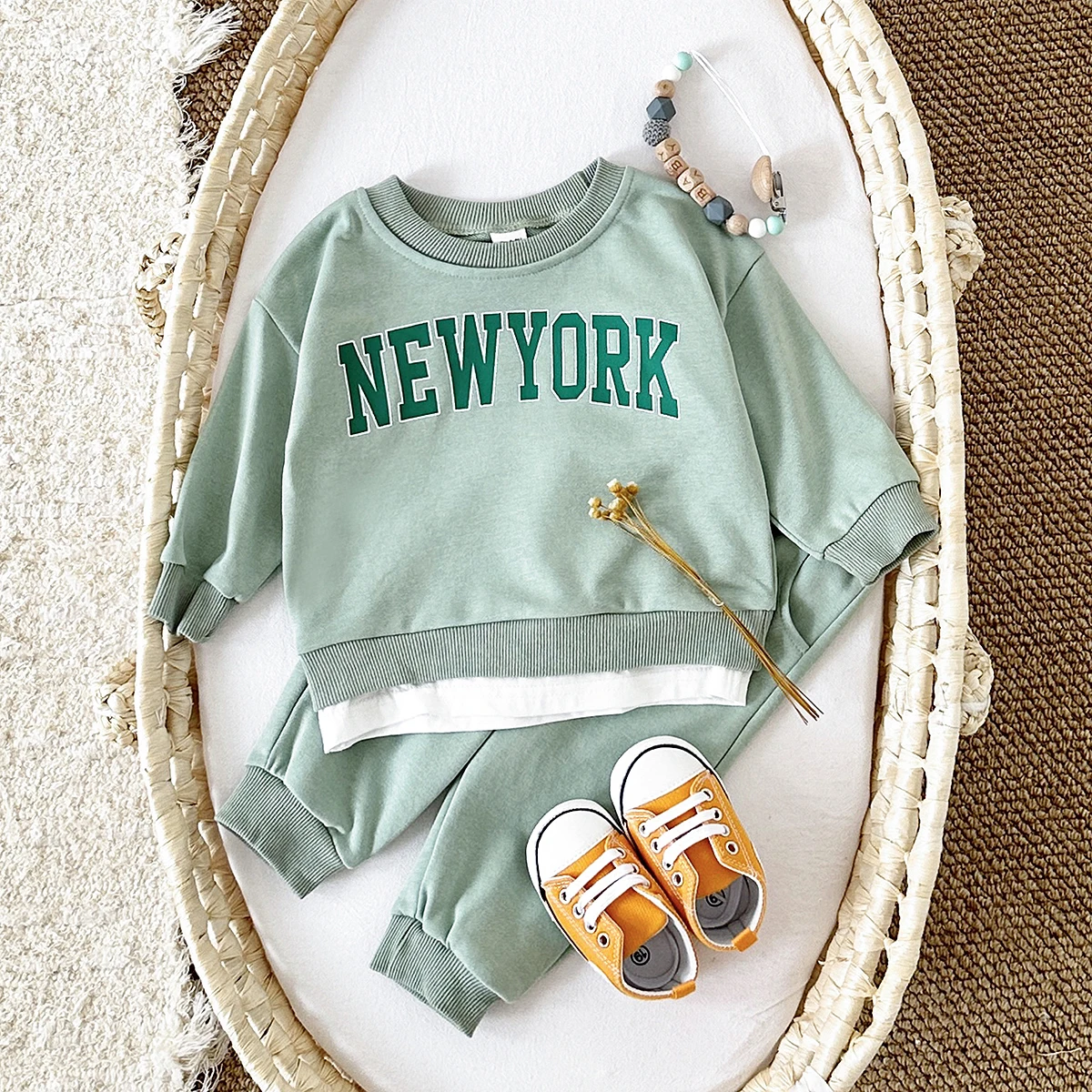 Spring Autumn Baby Boys Girl Cotton Infant Clothes Sets New York Letter Long Sleeved Pullover Top+Pants Infant Outfit 0-3Y KIds