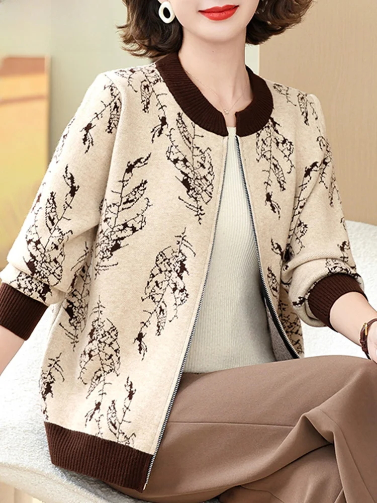 

Модный вязаный кардиган для женщин среднего возраста, весна-осень, на молнии, из полиэстера, длинный, свободного кроя