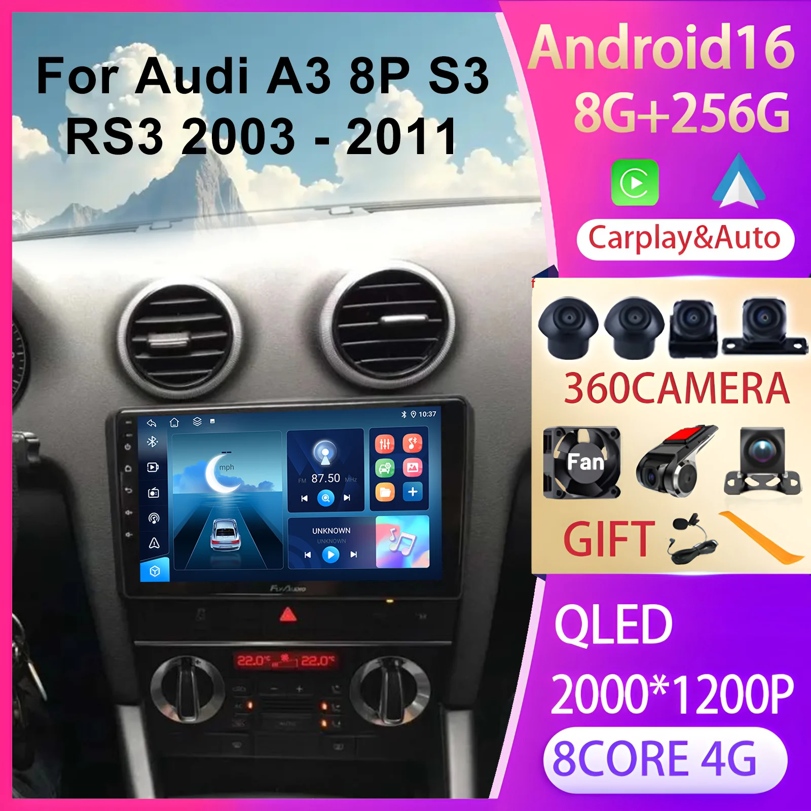 

Android 16 Car Intelligent Systems Carplay Auto Car Play For Audi A3 8P 2003 - 2011 S3 RS3 GPS Stereo FM Multimedia Video Player