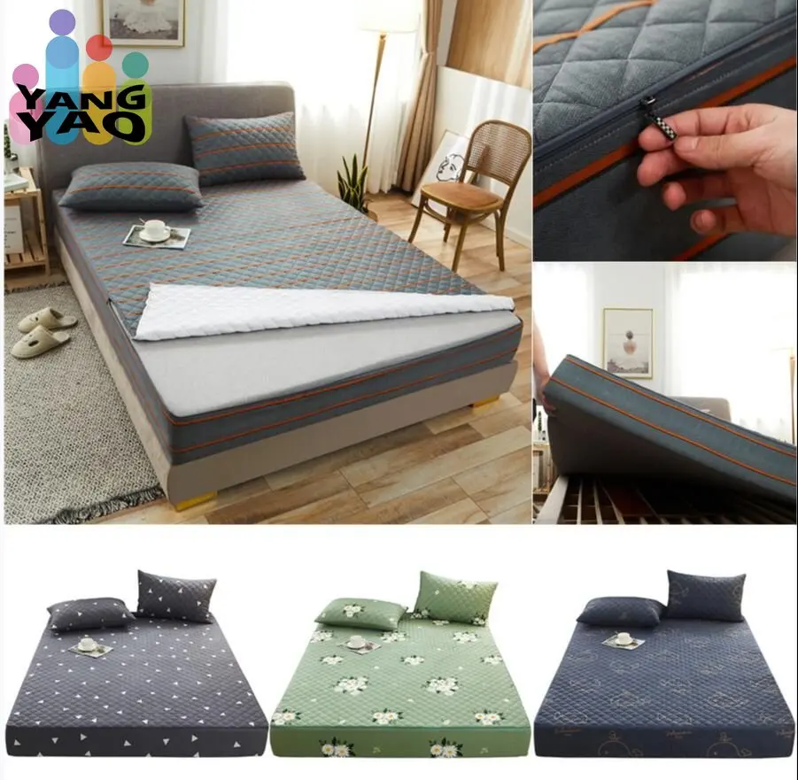 

Printing Quilted Cotton Mattress Cover With Zipper Bedspread Mattress Cover Soft King Queen Tatami Bed Dust Cover Customizable