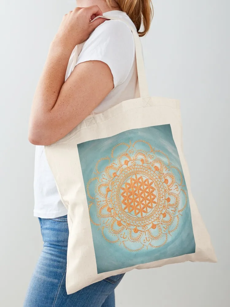 

Flower of life mandala Ocean gold on turquoise Tote Bag shopping bag Handbags women tote bag for beach