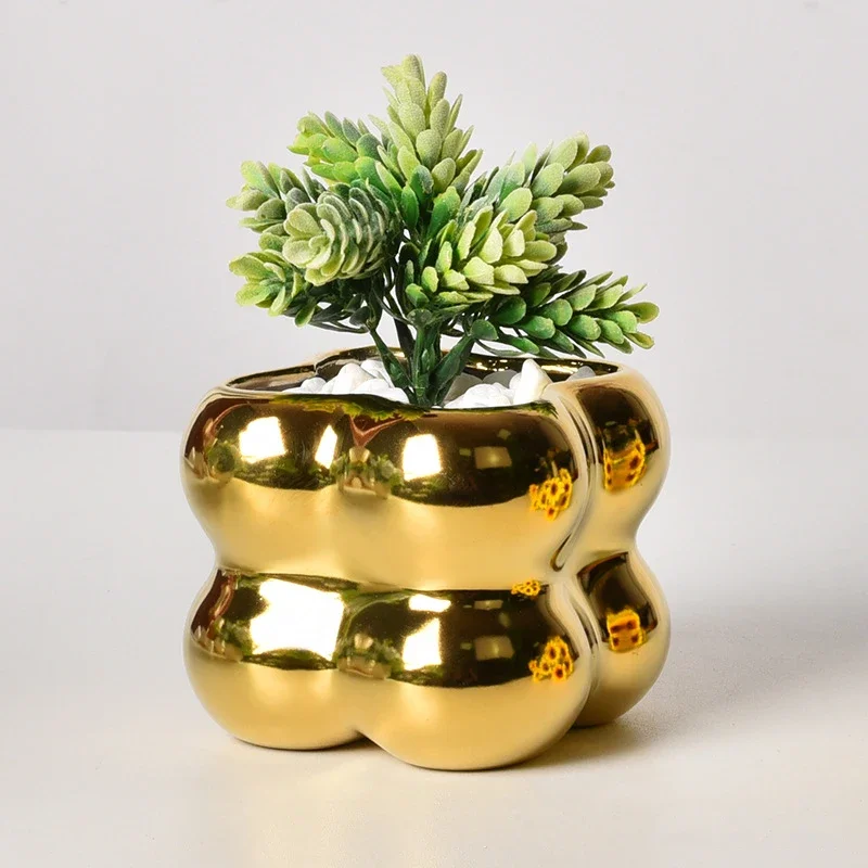 Nordic Electroplated Golden Ceramic Flowerpots Creative Fleshy Green Plantpots Light Luxury High Sense Ornaments Flowerpots - view 4