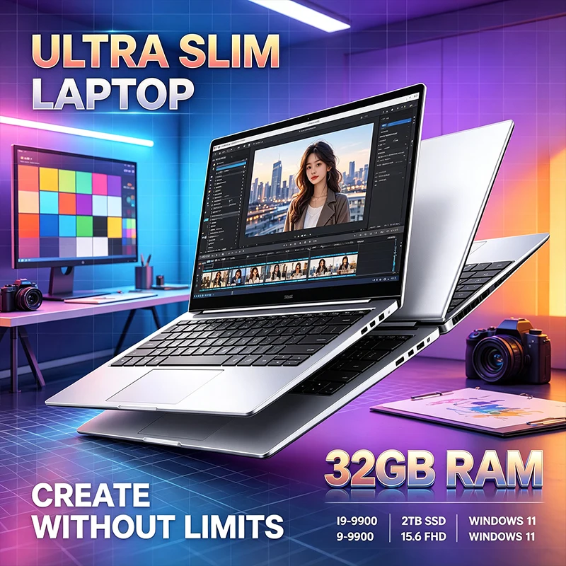 Laptop ultrafino de 15,6 polegadas, com processador Intel Core i9-9900, ecrã FHD de 120 Hz, 32 GB de RAM, 2 TB de armazenamento, teclado retroiluminado, Windows 11 e bateria de longa duração, ideal para o escritório.