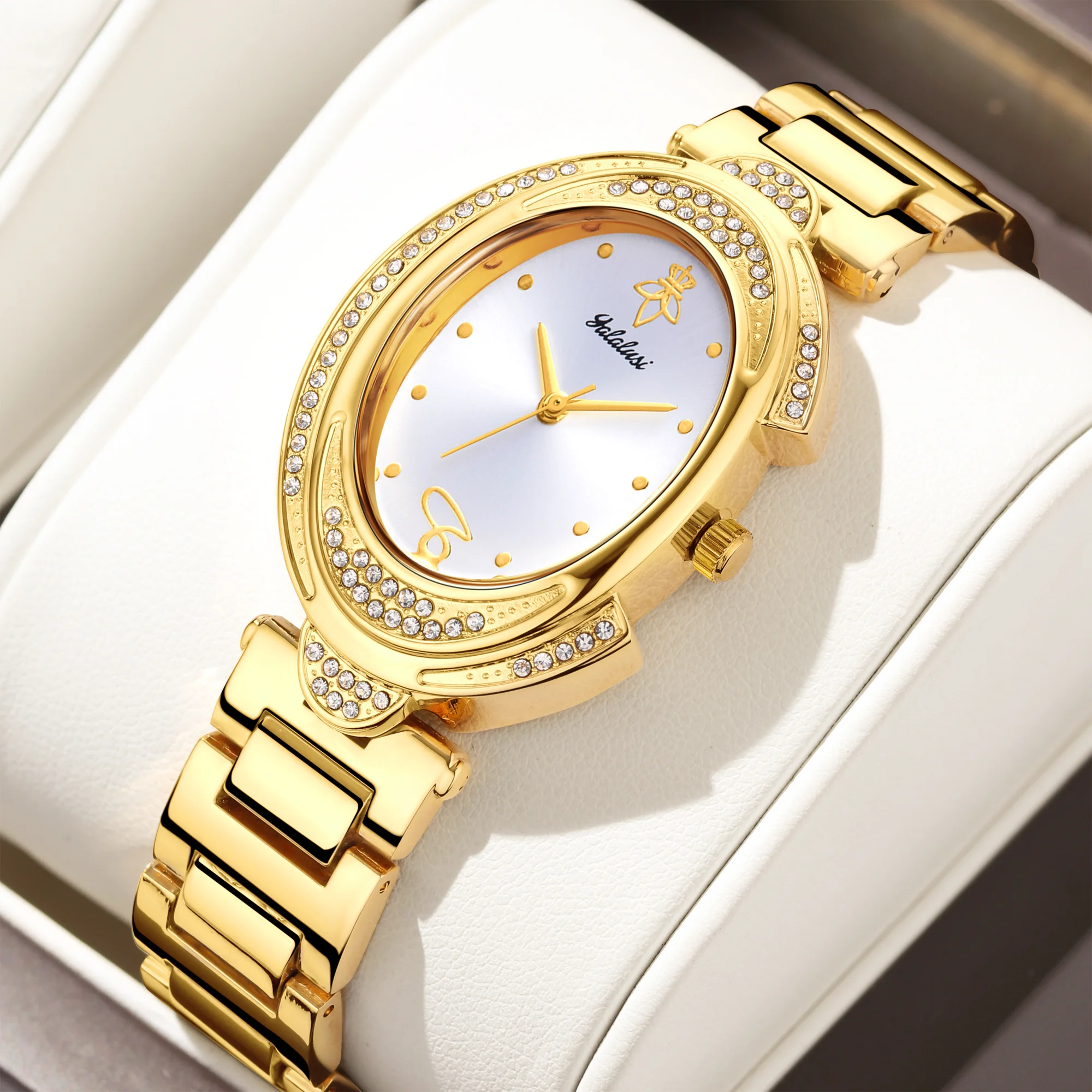 

YaLaLuSi Brand Best Seller New Women's Watch Oval Gold Case Silver Dial Crystal Diamonds Luxury Ion Plating Gift Box Regulator