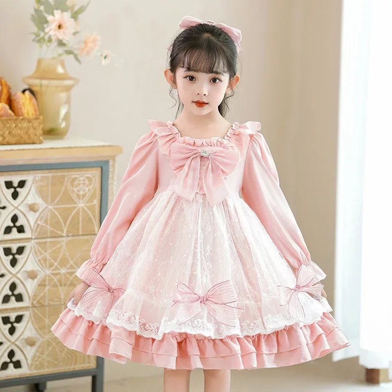 

Lolita Girl Princess Dress 3-10 Years Old Girls Clothes Casual Autumn Winter Girls Dress Korean Lace Square Collar Pink Dress