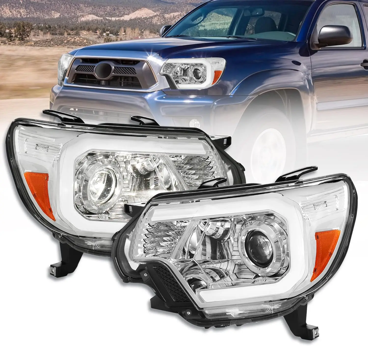 

Фара Sulinso в сборе, совместимая с Toyota Tacoma 2012-2015, хромированный корпус, прозрачная линза, светодиодная лента ДХО в стиле OE, проектор