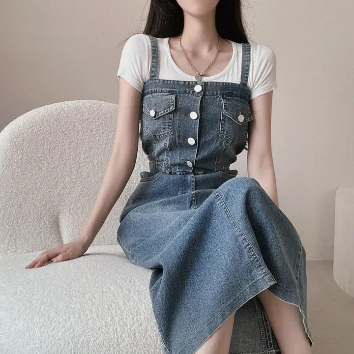 한국 스타일 벨트 데님 드레스 여성용 초가을 신상 슬림 롱 스커트 패셔너블 우아한 나이를 잊게 하는 드레스
