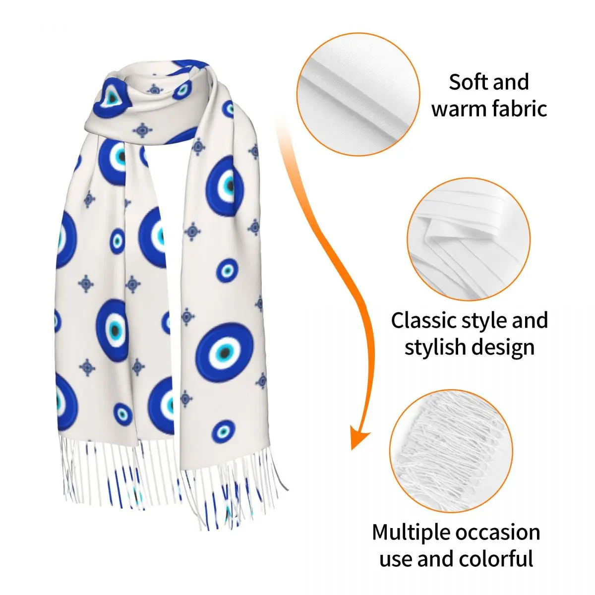 Custom Turkey Evil Eye Symbol Amulet Scarf Wrap for Women Long Winter Warm Tassel Shawl Unisex Fashion Versatile Female Scarves