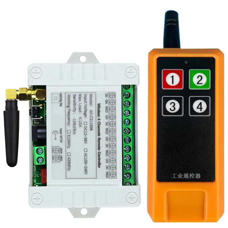 433MHZ Industrial DC 12V 24V 36V 4CH RF Wireless Remote Control Switch Radio Receiver With 2000M Long Distance Remote Controller