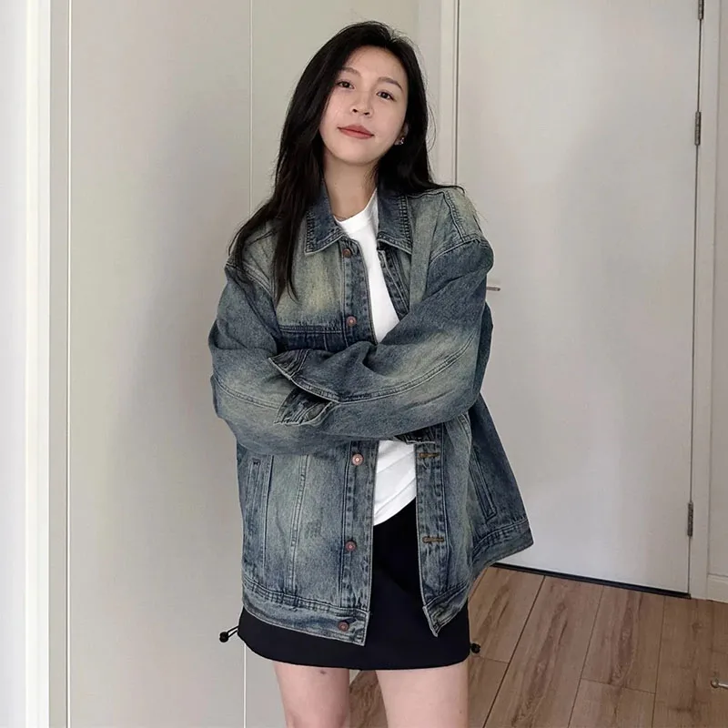 

2025 Autumn Loose Oversized Cowboy Coat Female Korean Trend Streetwear Washed Denim Outwear Woman Vintage Single-Breasted Jacket