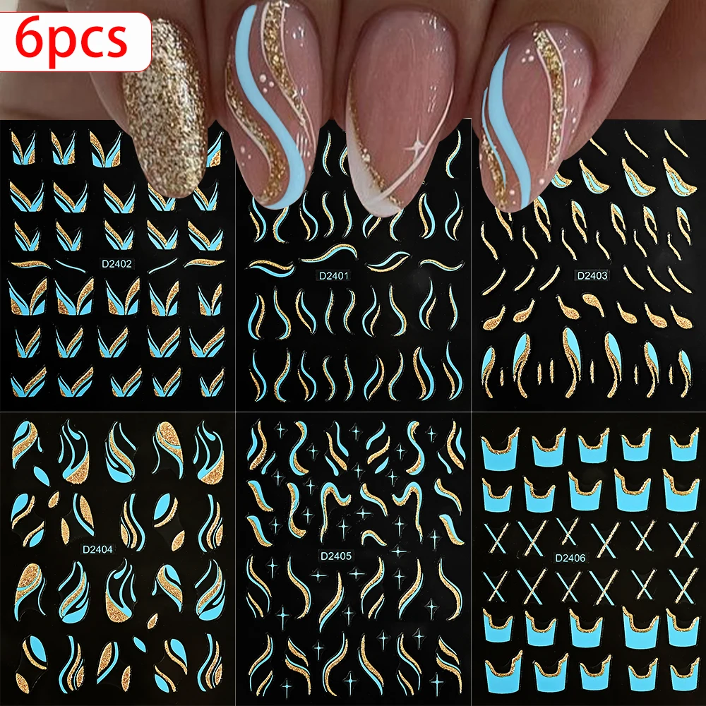 Autocollants pour Ongles à Paillettes Bleues et Dorées, Design Français 5D, Lignes Courbées, Tourbillon, Ongles Ondulés, Flocons de Moulage, Décalcomanies de Manucure, 6 Pièces/Ensemble