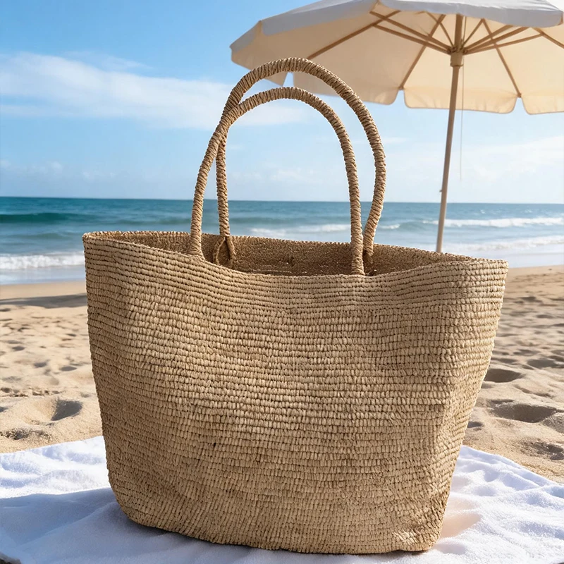 Japanese Handmade Raffia Crochet Tote Bag Summer Large Capacity Shoulder Bag Vintage Bohemian Beach Hollow Out Straw Woven Bag