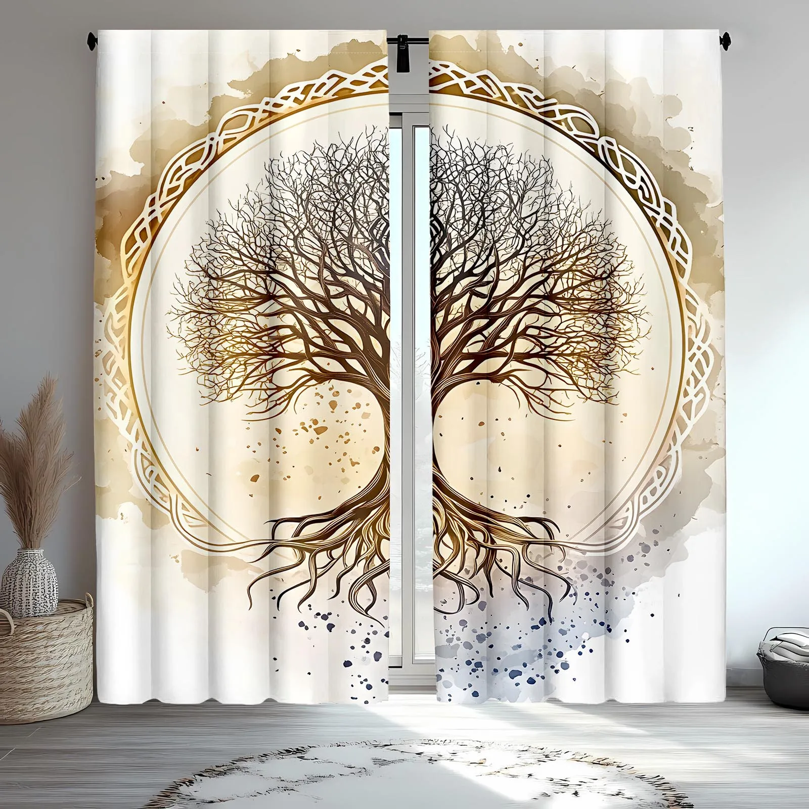 Celtic Tree of Life Curtains Golden Art Window Drapes Nature Design Home Decor Spiritual Theme Living Room