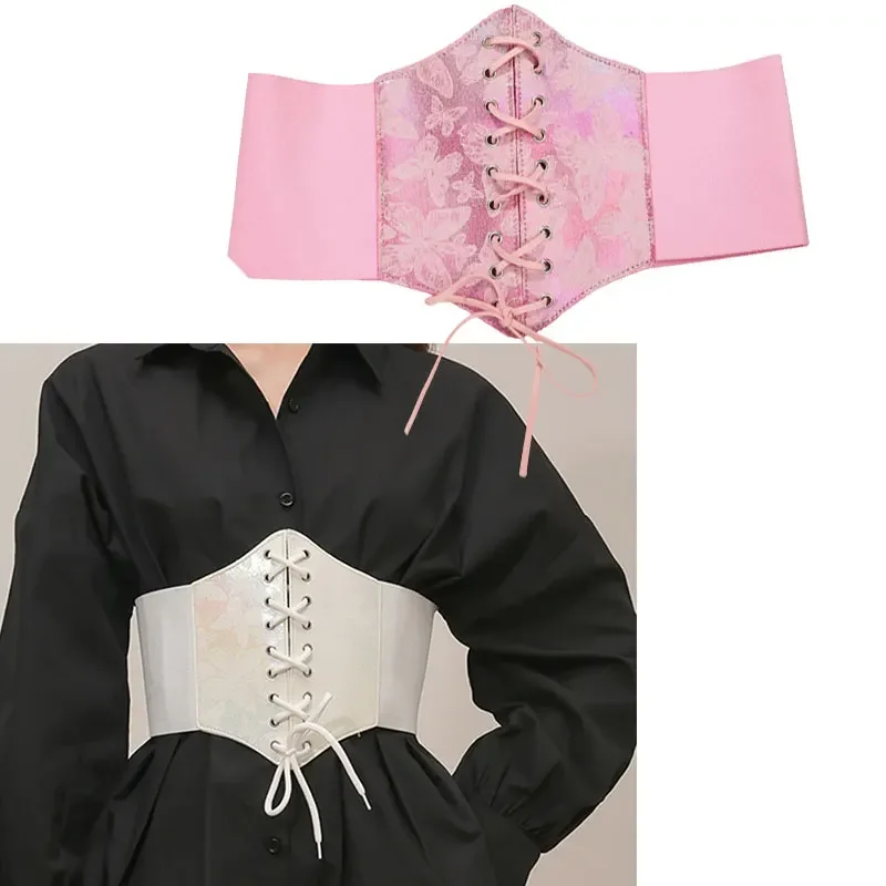 나비 프린트 여성 코르셋 PU 가죽 와이드 벨트 여성 패션 슬리밍 허리띠 탄성 코르셋 바디 쉐이퍼 드레스 거들