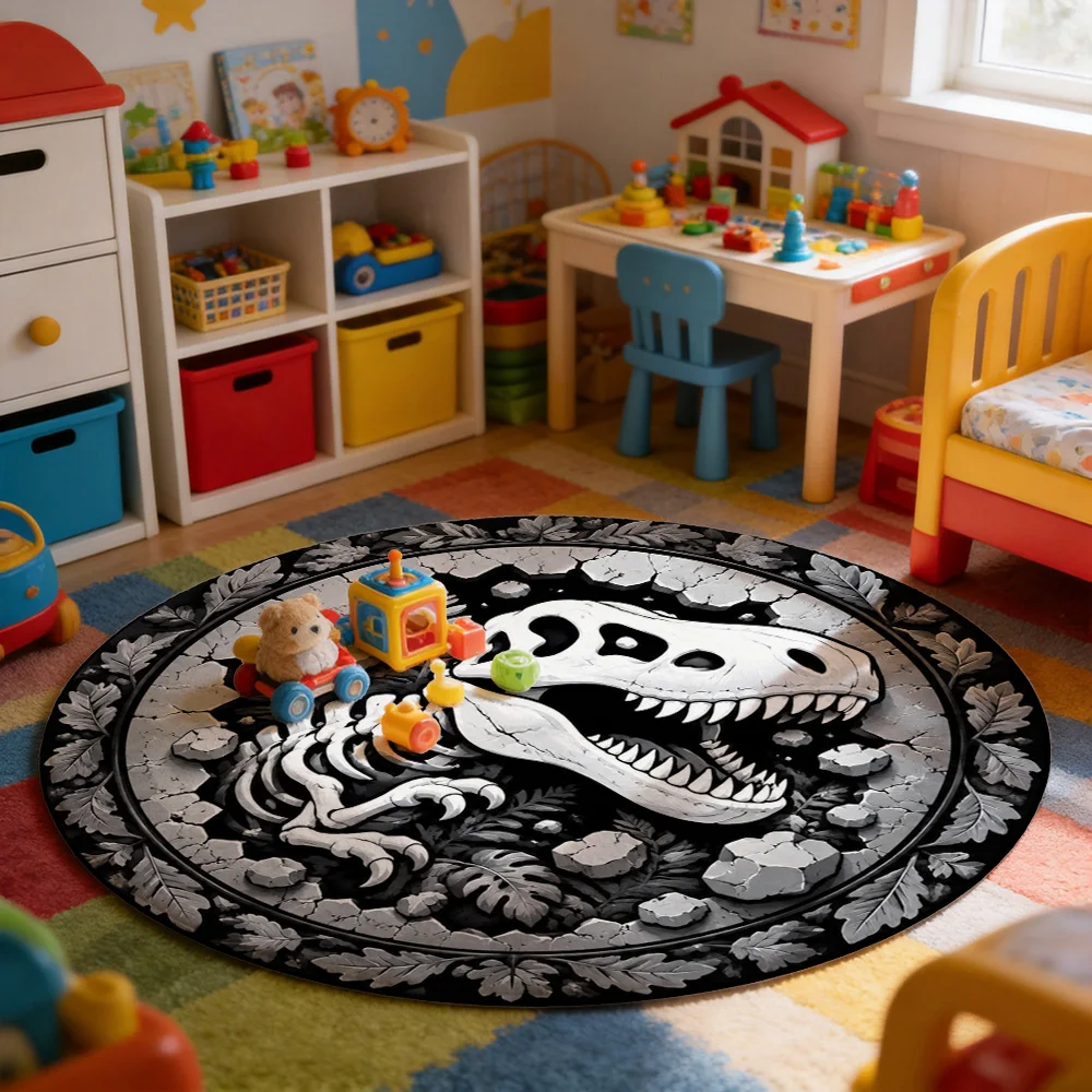 Dinosaur Skeleton Stegosaurus Print Round Area Rug for Nursery Kids Room Jungle Safari Decor Floor Mat