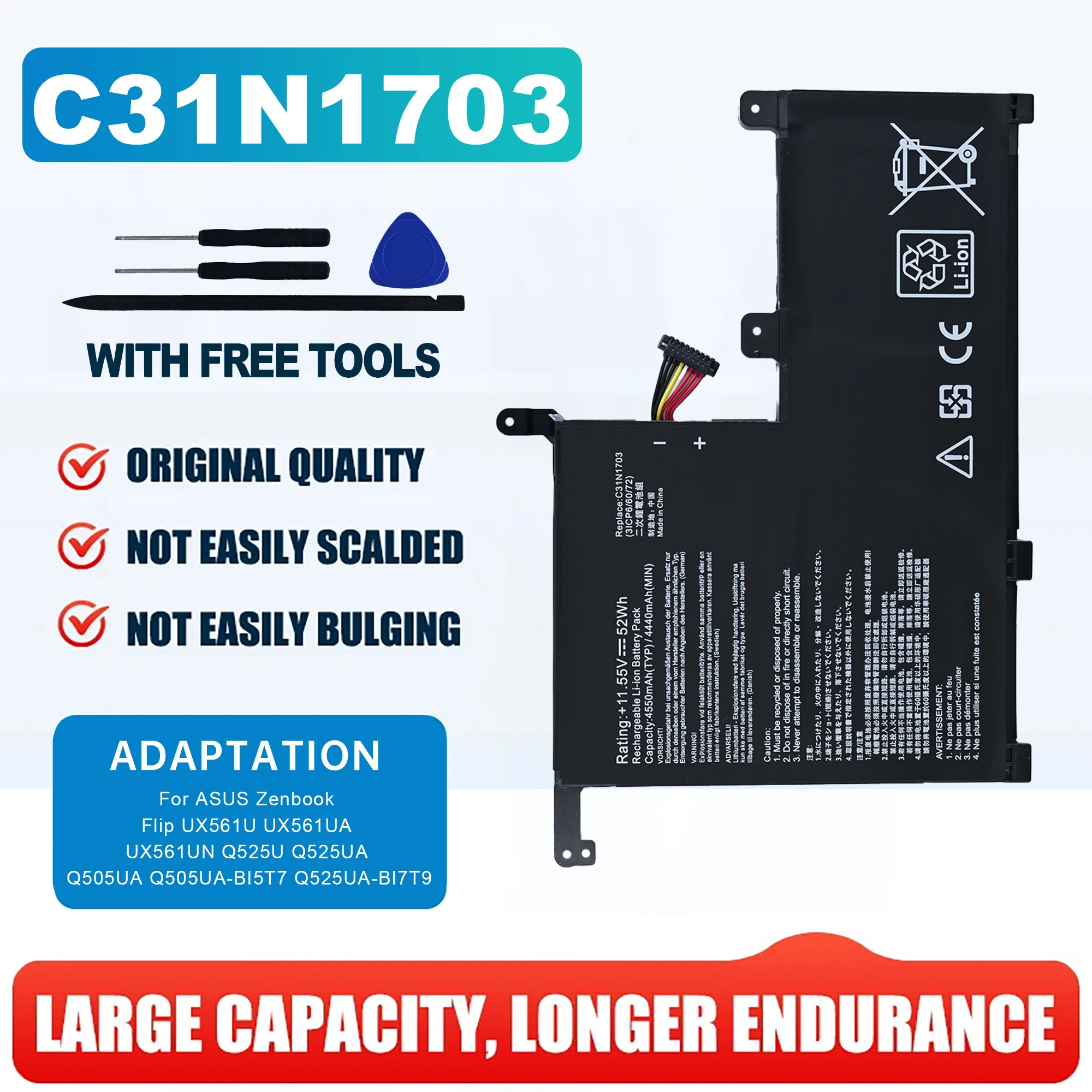 C31N1703 Compatible Laptop Battery 11.55V 52Wh 4550mAh for ASUS Zenbook Flip UX561U UX561UA UX561UN Q505UA Q525UA Q525UA-BI7T9