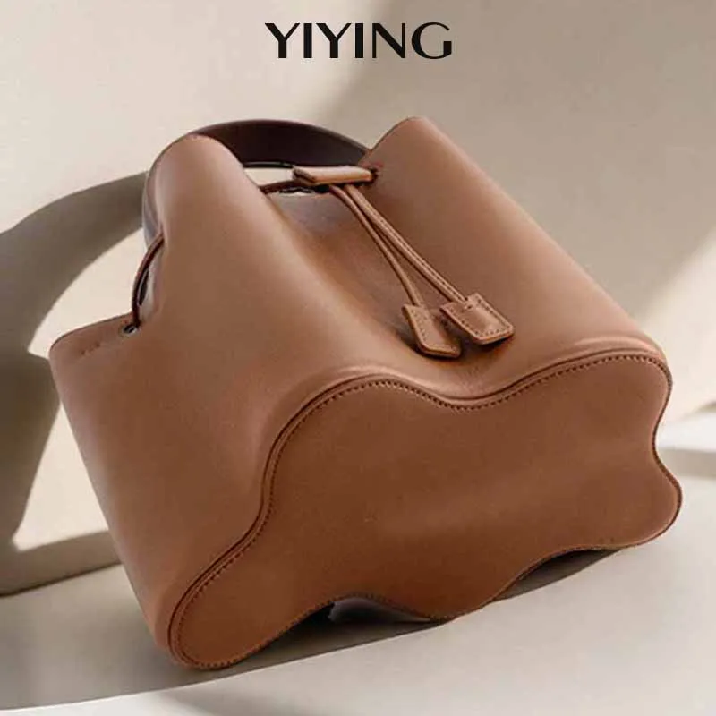 2025 new fashion and elegant Turkish pleated drawstring bucket handbag shoulder messenger bag dark brown beautifully decorated