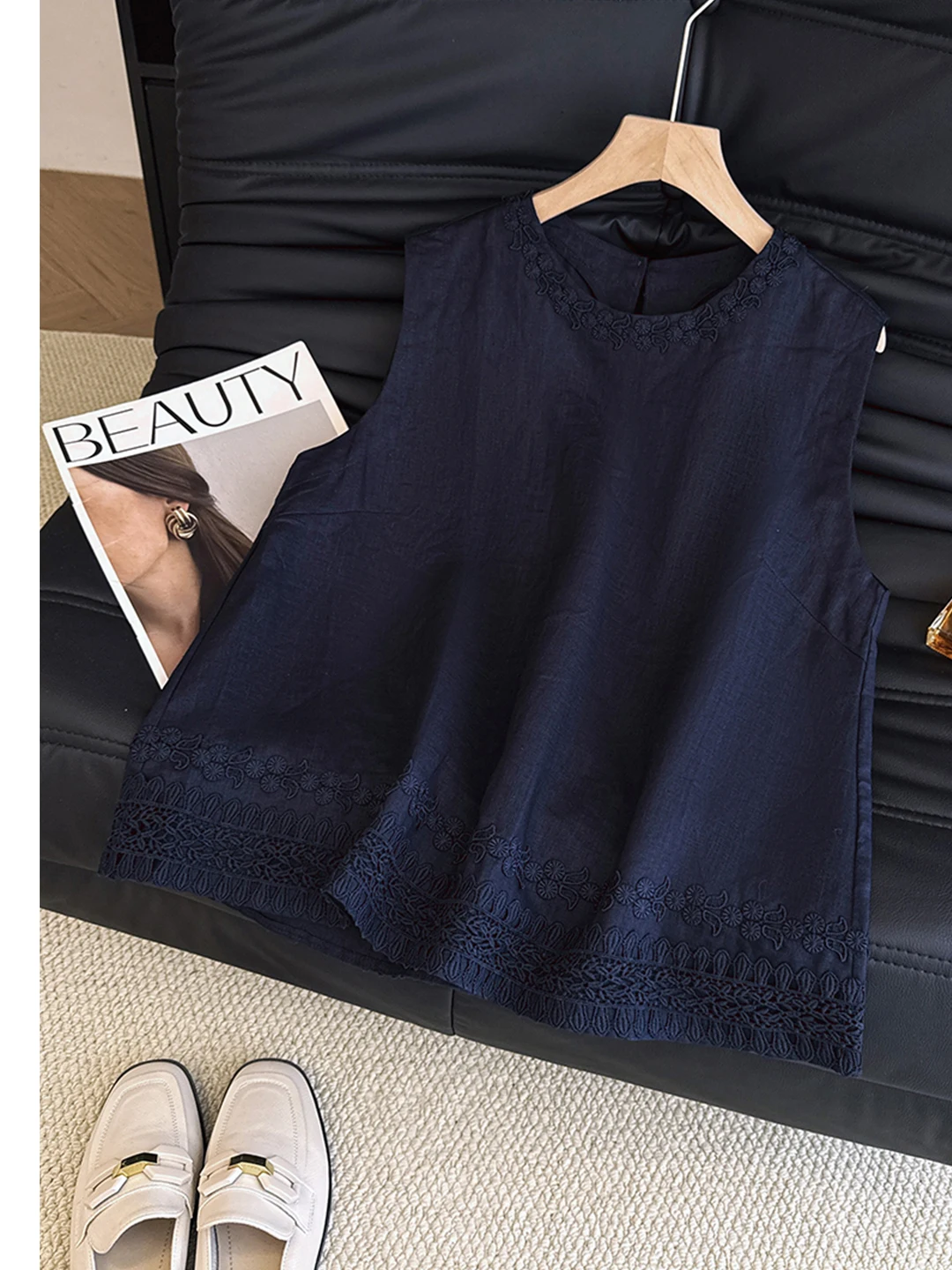 

Винтажный льняной жилет Ele для женщин: летний, легкий, роскошный, с вышивкой, круглый вырез, хлопок, топ