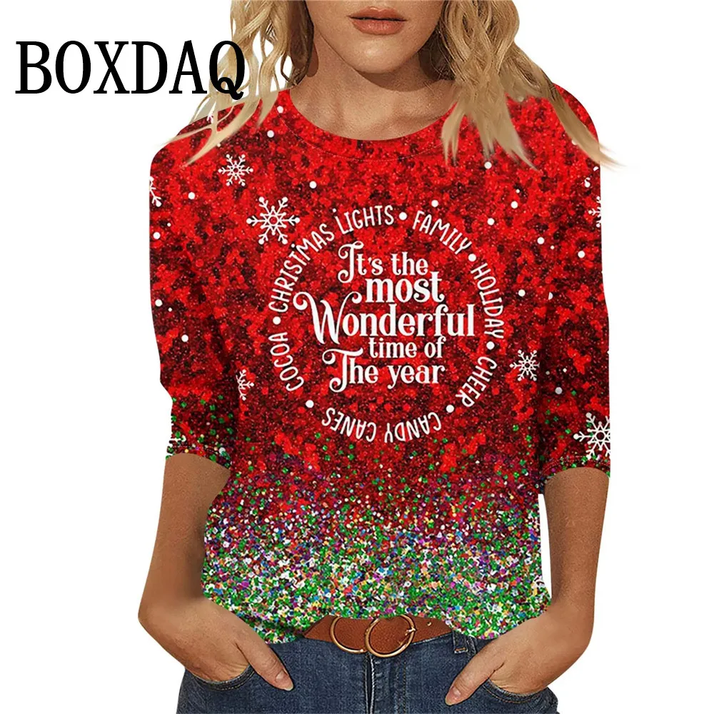 Women'S T-Shirt Sweet Casual Christmas Tree Shirts Women 2024 Winter Round Neck Long Sleeve Printed Women Shirts Fashion Tops