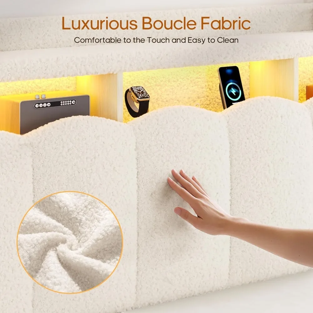 إطار سرير مزدوج للتخزين مع لوح أمامي ومنصة منجدة هيدروليكية وأضواء LED ومحطة شحن باللون البيج #6