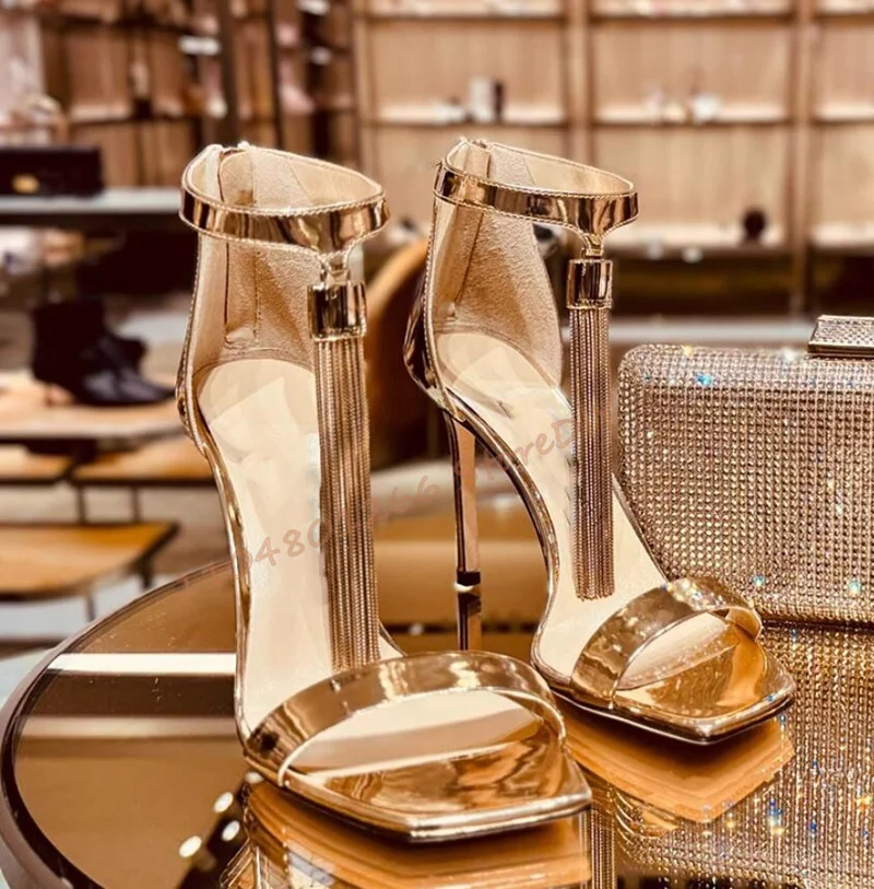 950Mm Heeled Glossy Mirrored-Leather Fringed Sandals Summer Gold Tassels One-Line Strap High Heels Square Toe Shoes Women