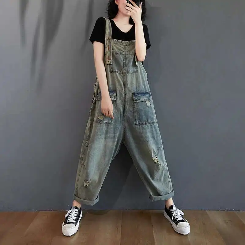 #1415 Vintage Jeans Jumpsuit Women Backless Spaghetti Strap Long Jumpsuit Ladies Multi-pockets Wide Leg Jeans Jumpsuit Femme