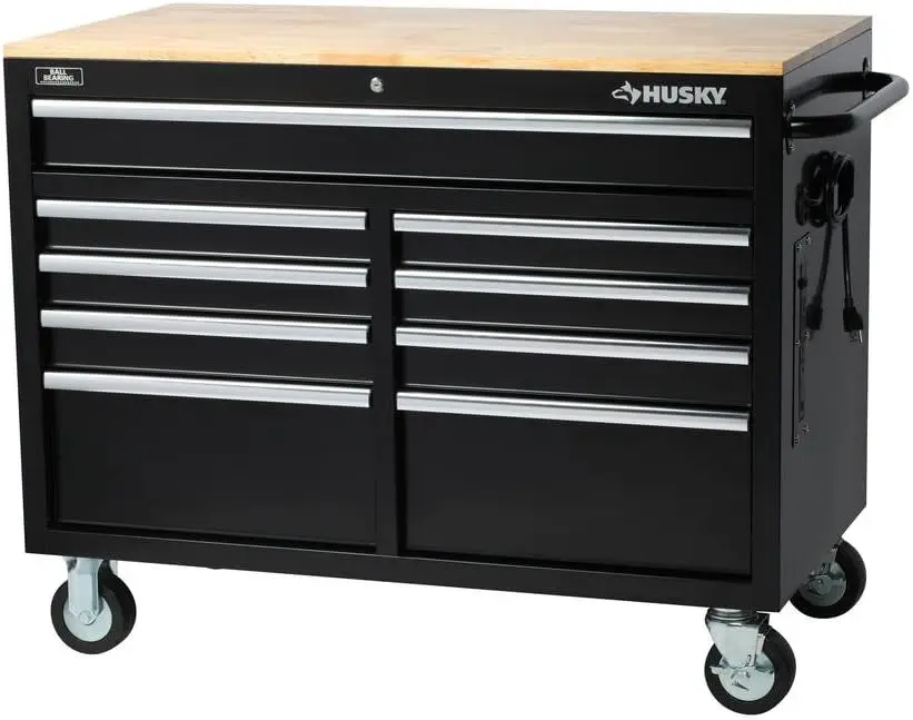 Workbench, Extra Deep 46 in. 9-Drawer Mobile, Wood, Black, 200 lb Load Capacity