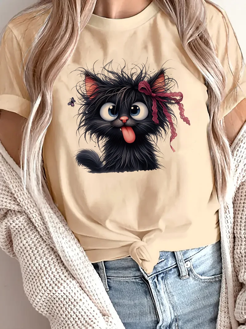 Funny Fried Cat Cartoon Printed Women's T-shirt with Playful Bow Butterfly Casual Short Sleeve T Shirt Women's Clothing Top Tee