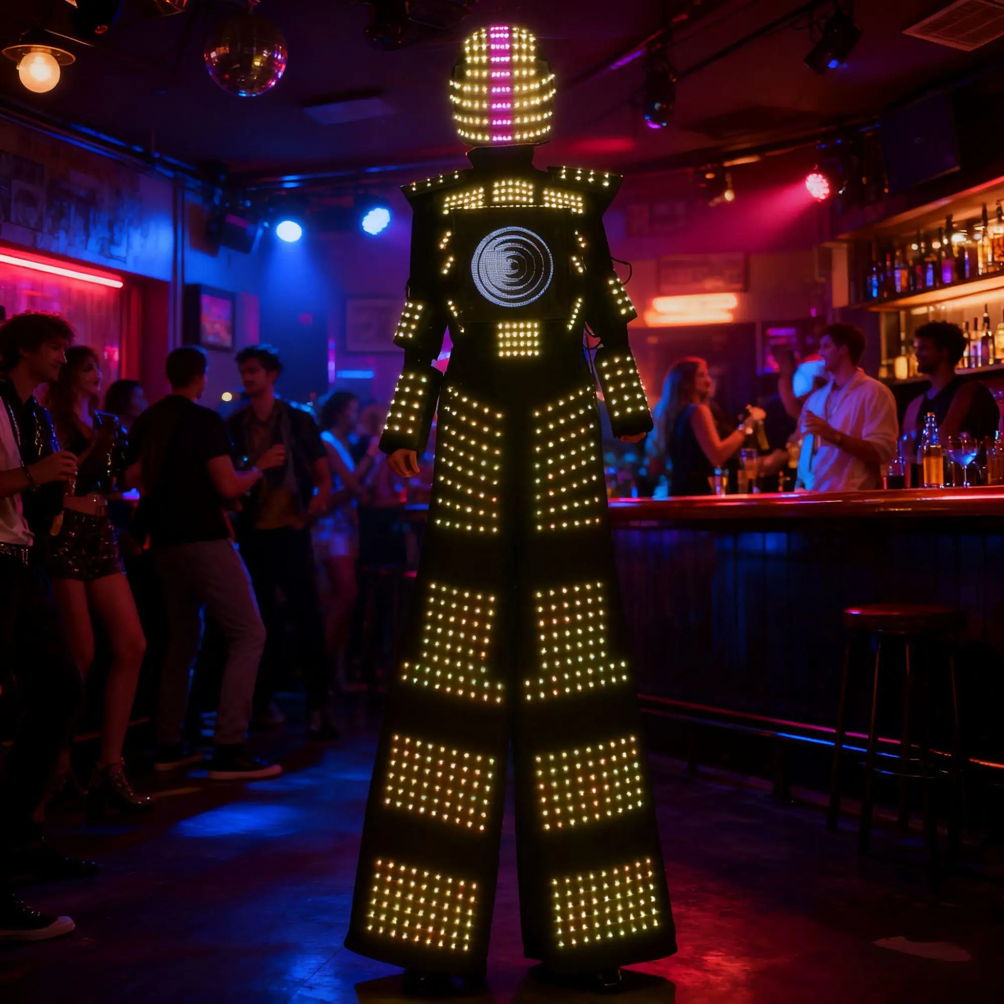 LED Robot Costume Stilts Walker Adult Halloween Light up DJ Nightclub Cosplay Helmet Mask Outfit for Rave Party Performer