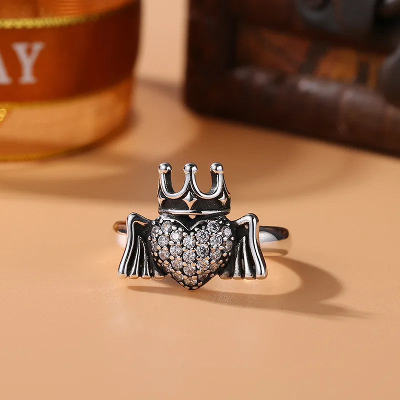 

S925 pure silver ring female with Hearts wings ring trendy retro silver ring love accessories