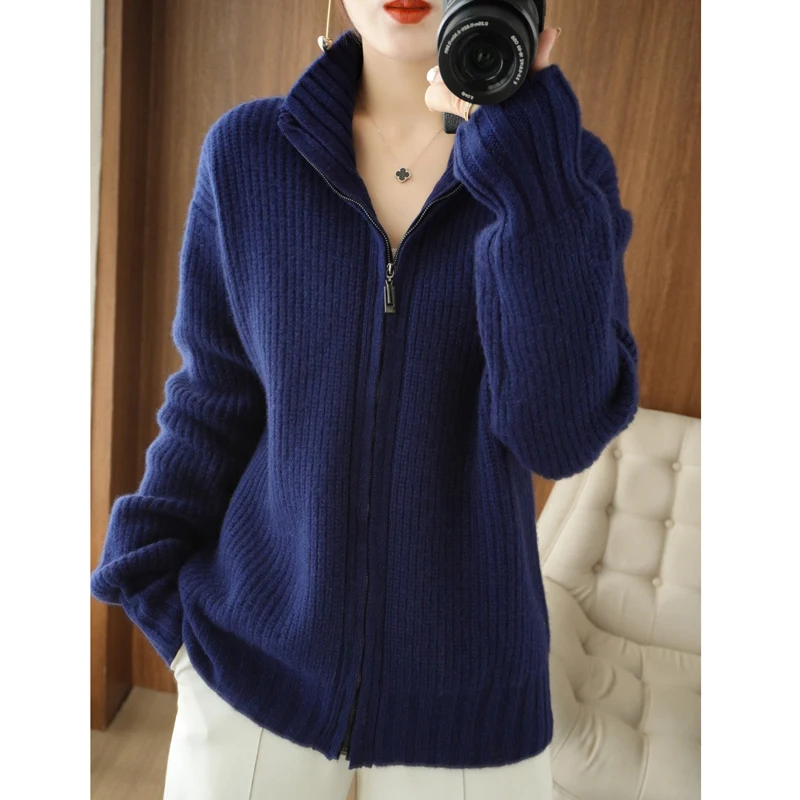 

Autumn Winter Women's 100% Wool Cardigan Loose Casual Warm Cashmere Sweater Long Sleeve Zipper Knitwear Korean Popular Tops