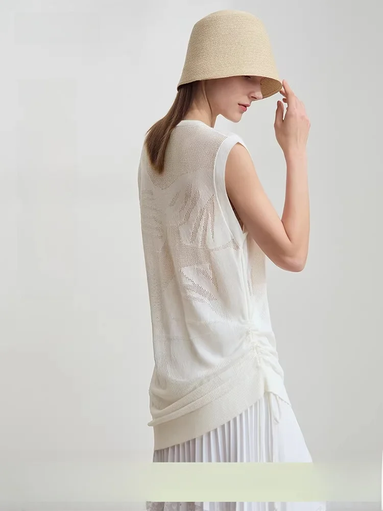 

Летний новый минималистичный цветной вязаный свитер без рукавов с круглым вырезом, тонким шнурком и свободным кроем средней длины для женщин.