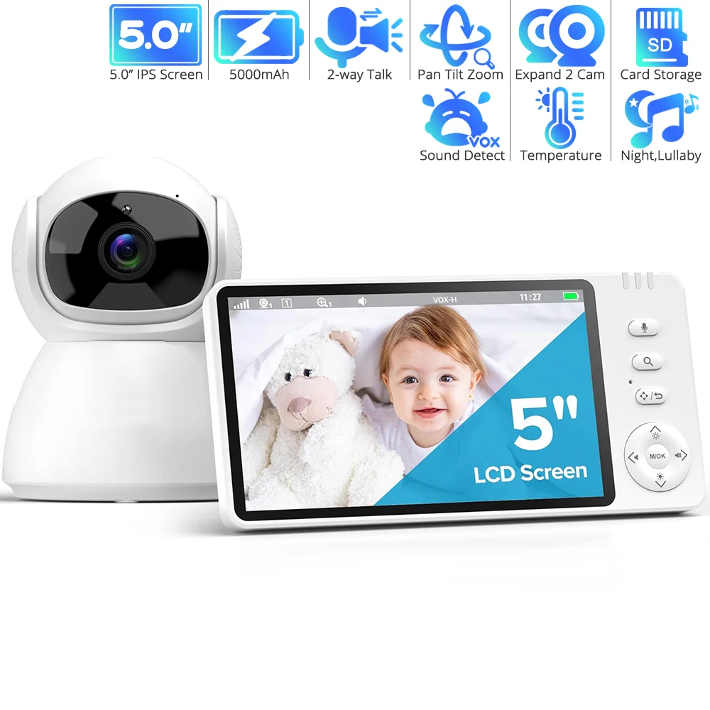 

5 Inch Baby Monitor with Pan-Tilt-Zoom Camera 5000mAh Battery IPS Screen 2-Way Talk Night Vision SD Card Record Nanny Monitoring