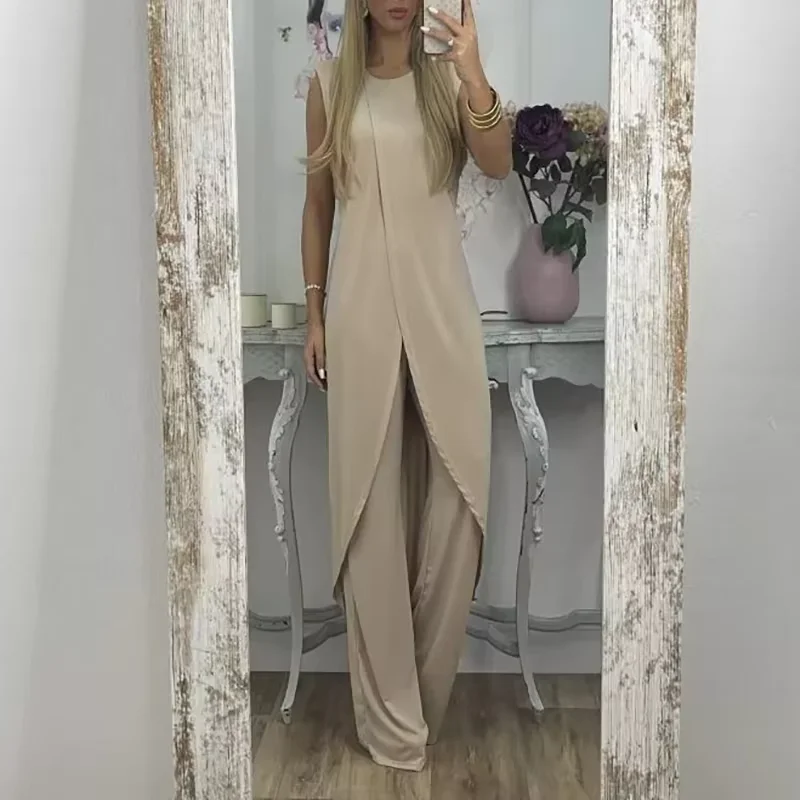 Streetwear Casual Sleeveless Loose 2 Piece Sets For Women Summer Elegant Solid O Neck Fashion Long Irregular Pullover Pants Sets