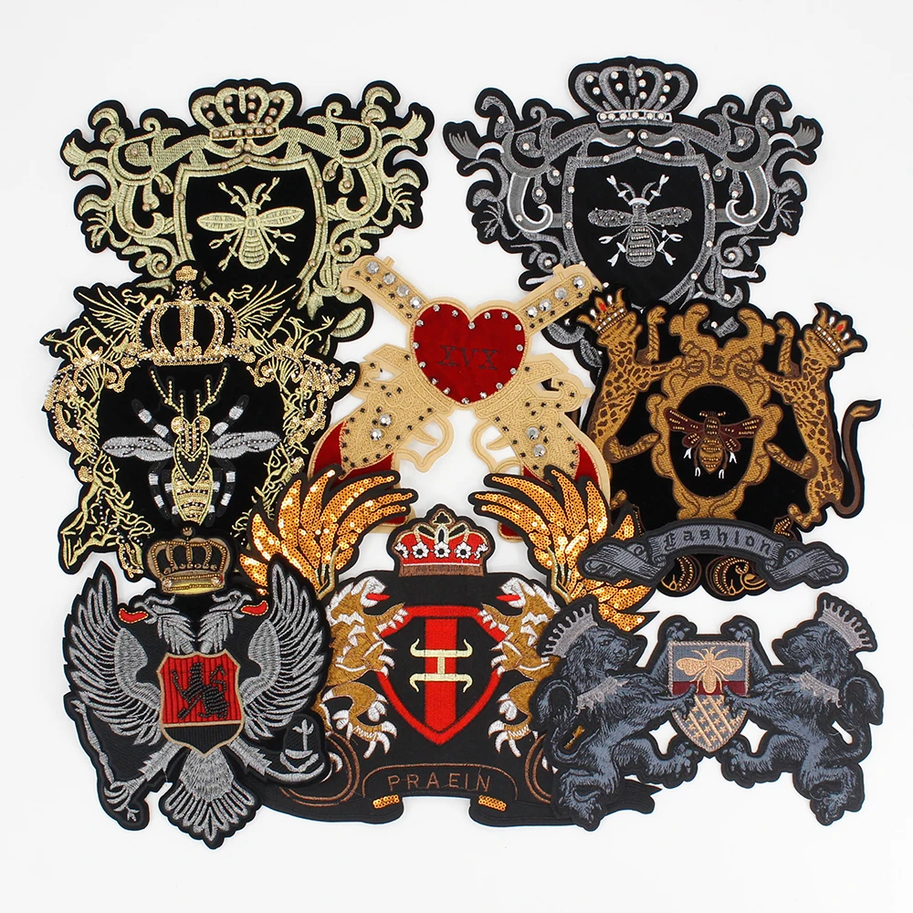 Embroidery Letter Crown Lion Patches Bee Gun Appliques Clothes Jacket Badges Bead Sequin Decor Sewing Accessories