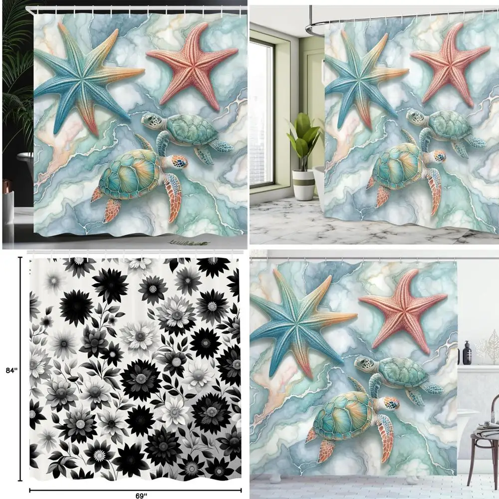 

pastel marble starfish and sea turtle shower curtain, coastal themed bathroom decor