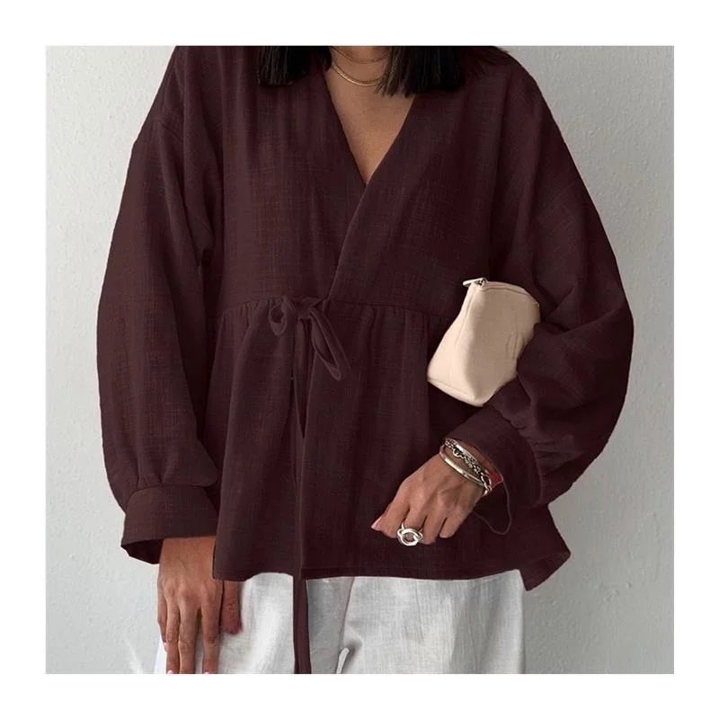 Ele Long Sve irt Avvolgente con lacci Slim Fit da donna irt Pure Color irt Sli Temperamento Longsved irt