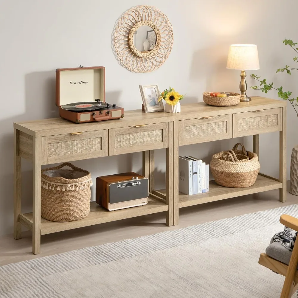 Console Table- Boho Entryway Table with Storage and Rattan Drawers, 2 Tier Shelf, Narrow Long Sofa Tables for Living Room