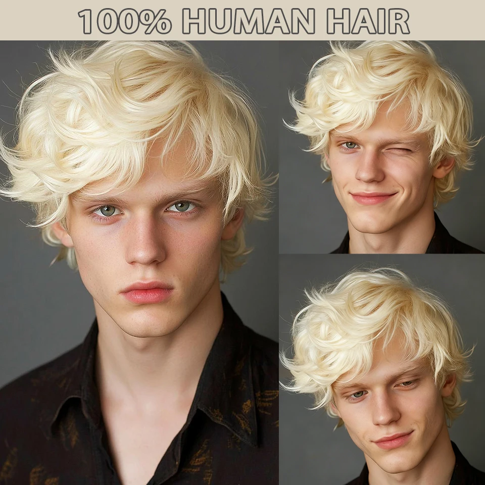 613 Blonde Men'S Natural Looking Short Straight Pixie Cut Wig Full Machine Made Brazilian Human Hair Wig With Layered Bangs