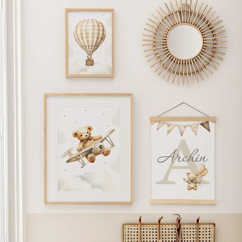 1PC frameless decorative art print,Cute Bear Balloon Aircraft Moon Cloud Balloon Nursery Wall Art Canvas Painting Posters And Pr