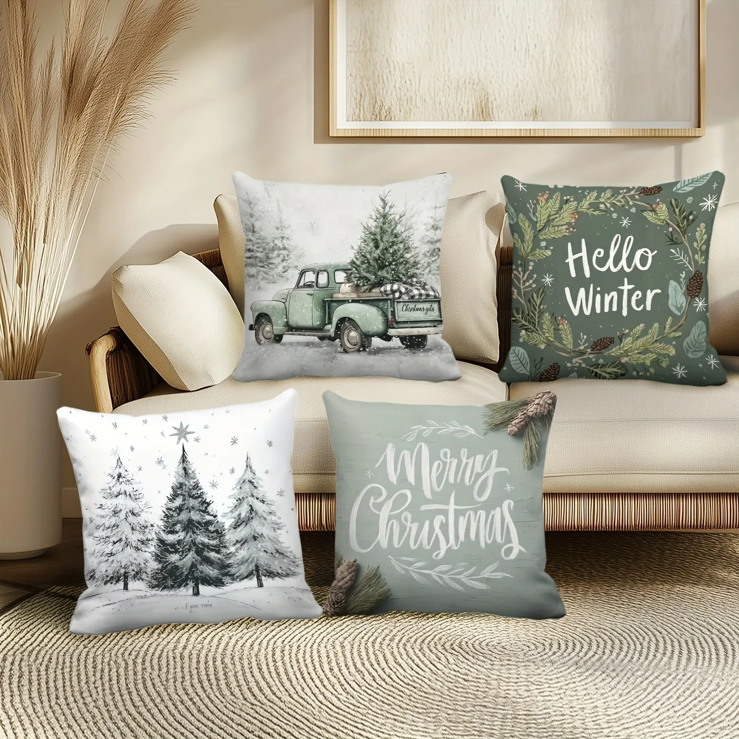 4pcs Christmas Themed Pillow Covers Vintage Pickup Truck Carrying a Christmas Tree Light Green Background Decor Pillowcase