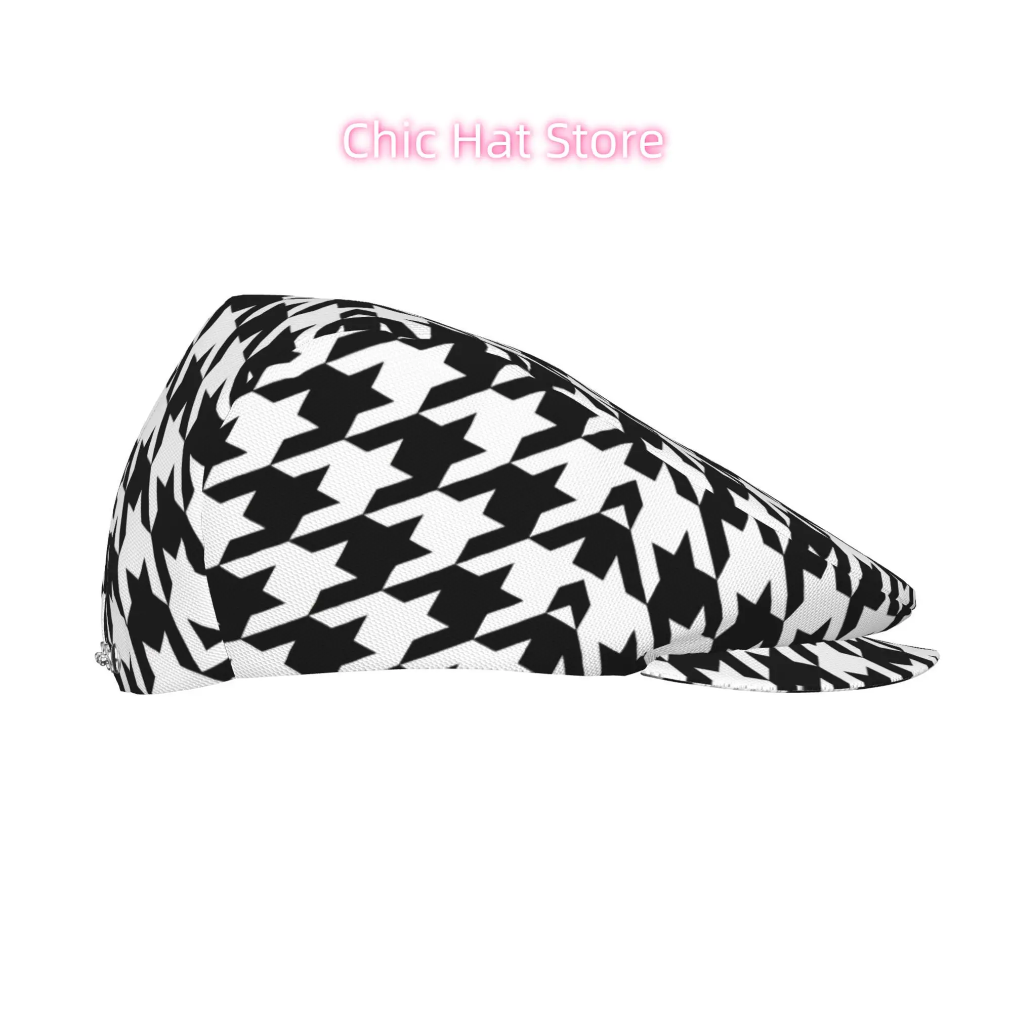 1pc Modern Houndstooth Pattern All-Over Print Flat-Top Hats for Men And Women, Newsboy Caps, Berets, Irish Hats, Driver Caps, Re